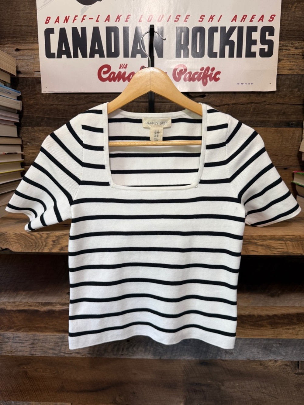 Happily Grey Women's White & Black Striped Square-Neck Short Sleeve Tee